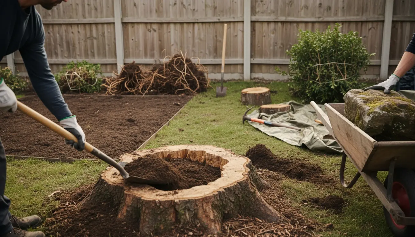Havearbejde med fjernelse af sten og træstubbe, jord fyldes på en stub, værktøj og ryddet bed i baggrunden.