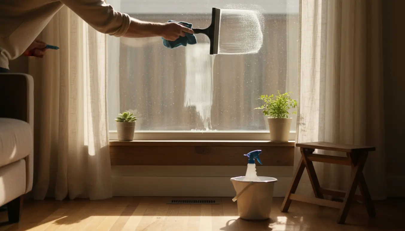 Hænder vasker et indvendigt vindue i et lille hyggeligt hus med sollys og rengøringsudstyr på gulvet.