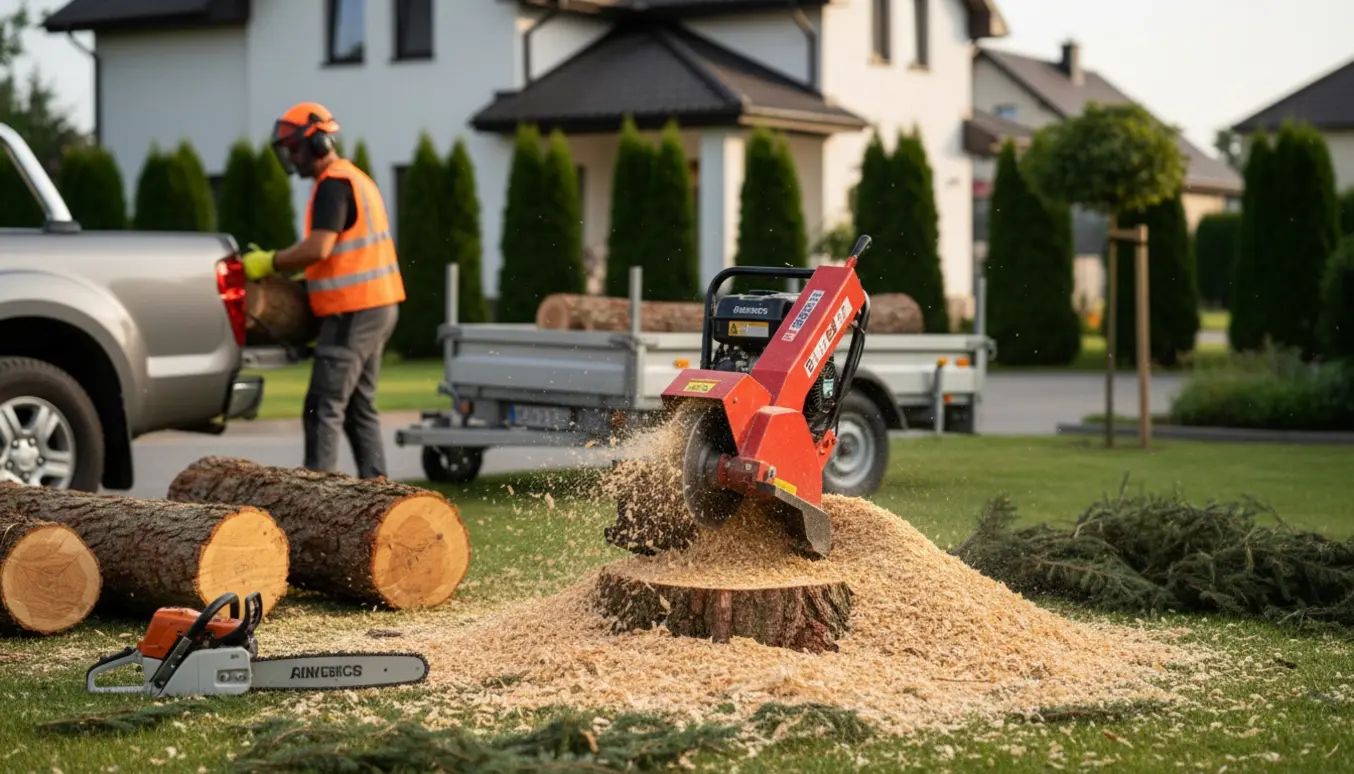 En arbejdsmaskine fræser en granstub væk i en villahave, med afsavede stammer og friske træspåner rundt om.