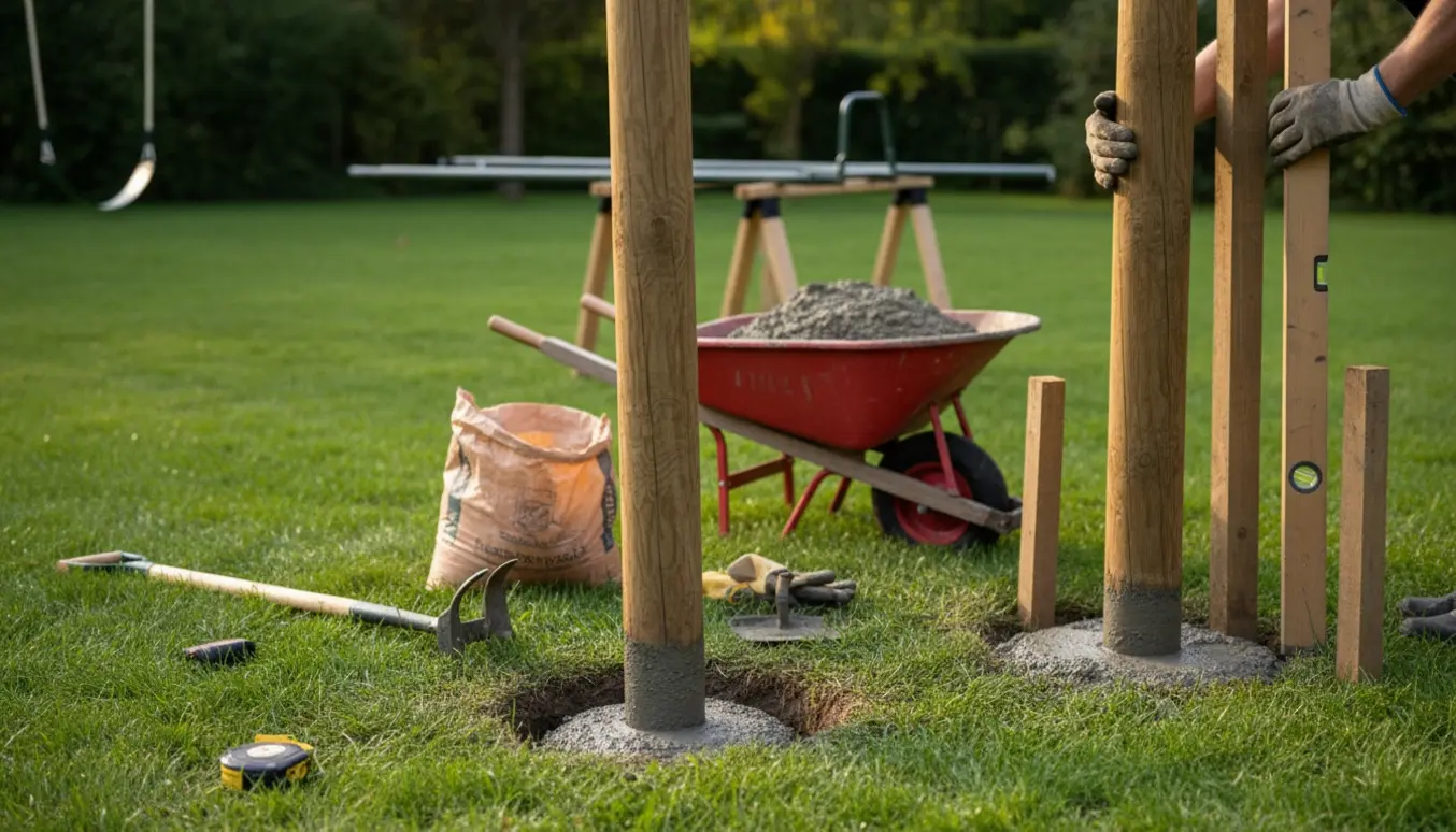 Gynge-stativ i baghaven under opsætning med pæle støbt i frisk cement og værktøj tæt ved.