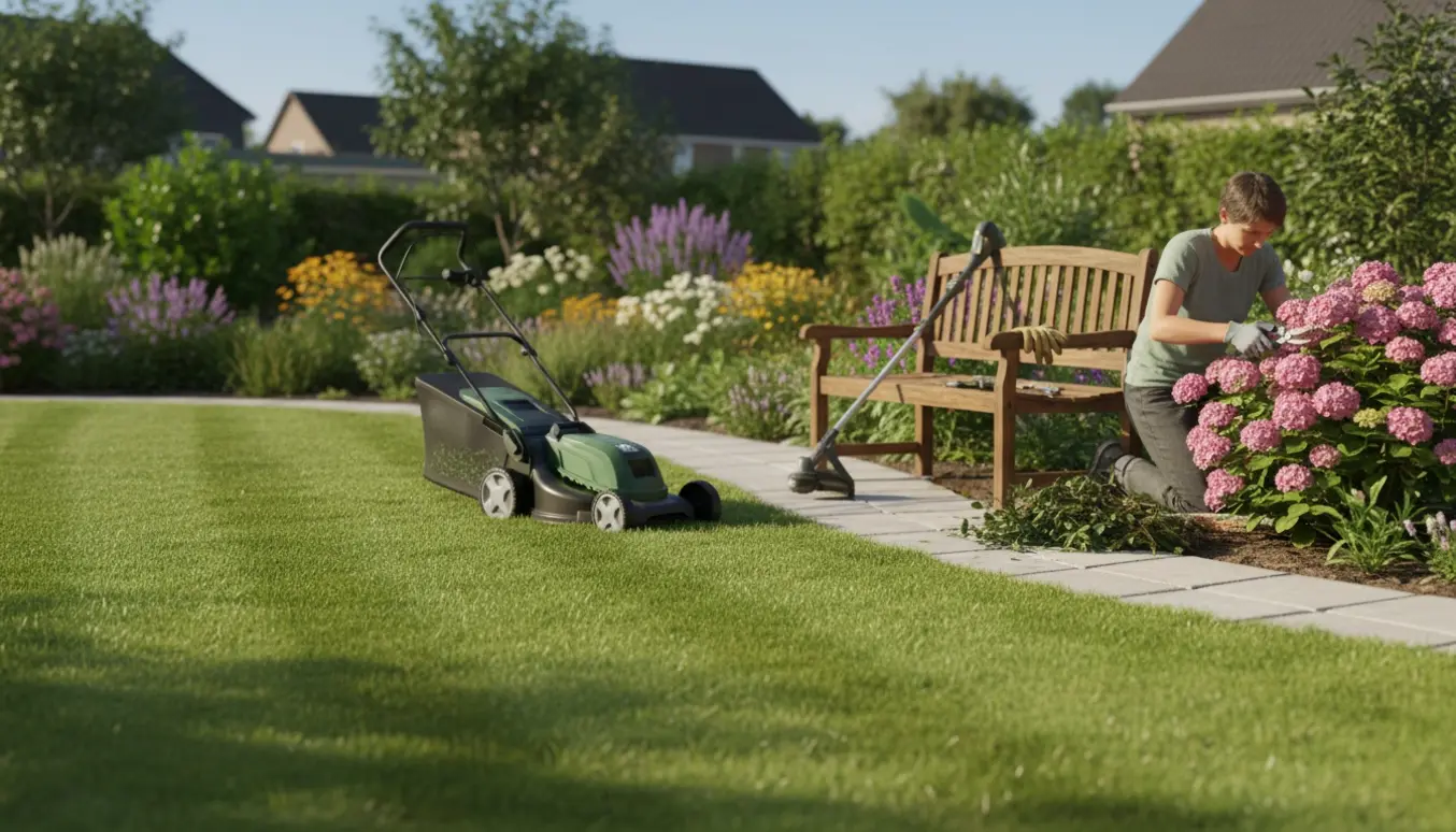Solbelyst have med en person, der beskærer buske, kantklipper og nyslået græs.