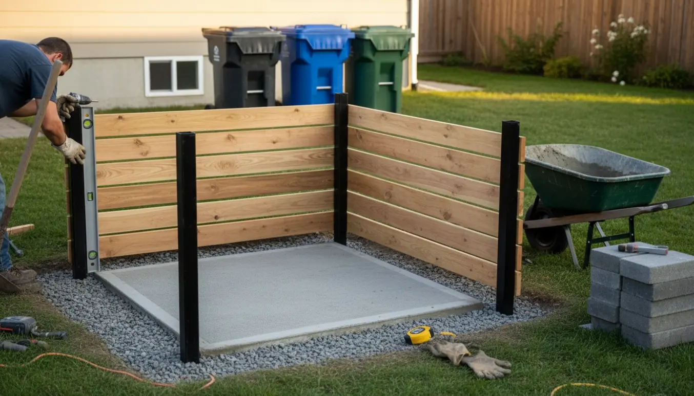 Delvist opført skraldespandsskjul i en baghave med værktøj og arbejdshænder uden synlige ansigter.