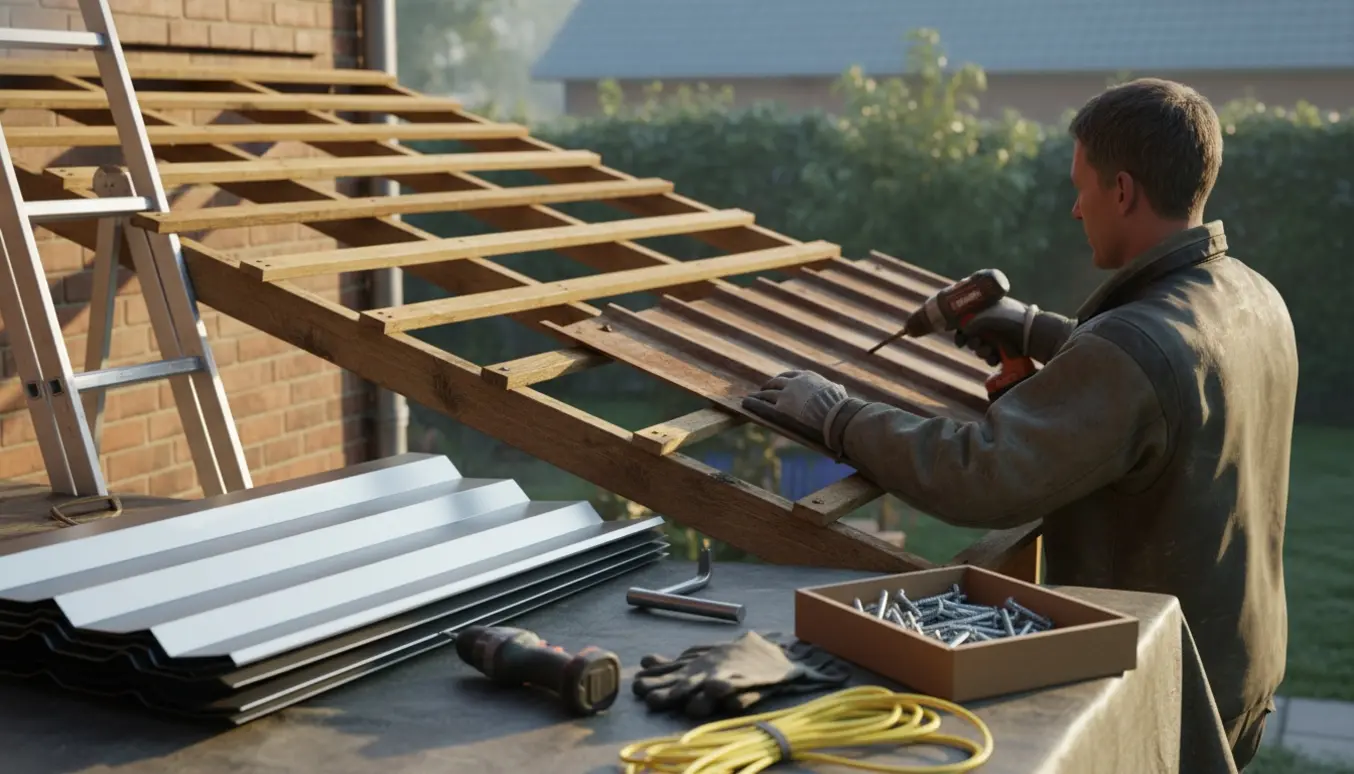 Udskiftning af trapezplader på terrassen med nye strøer og værktøj lagt frem.