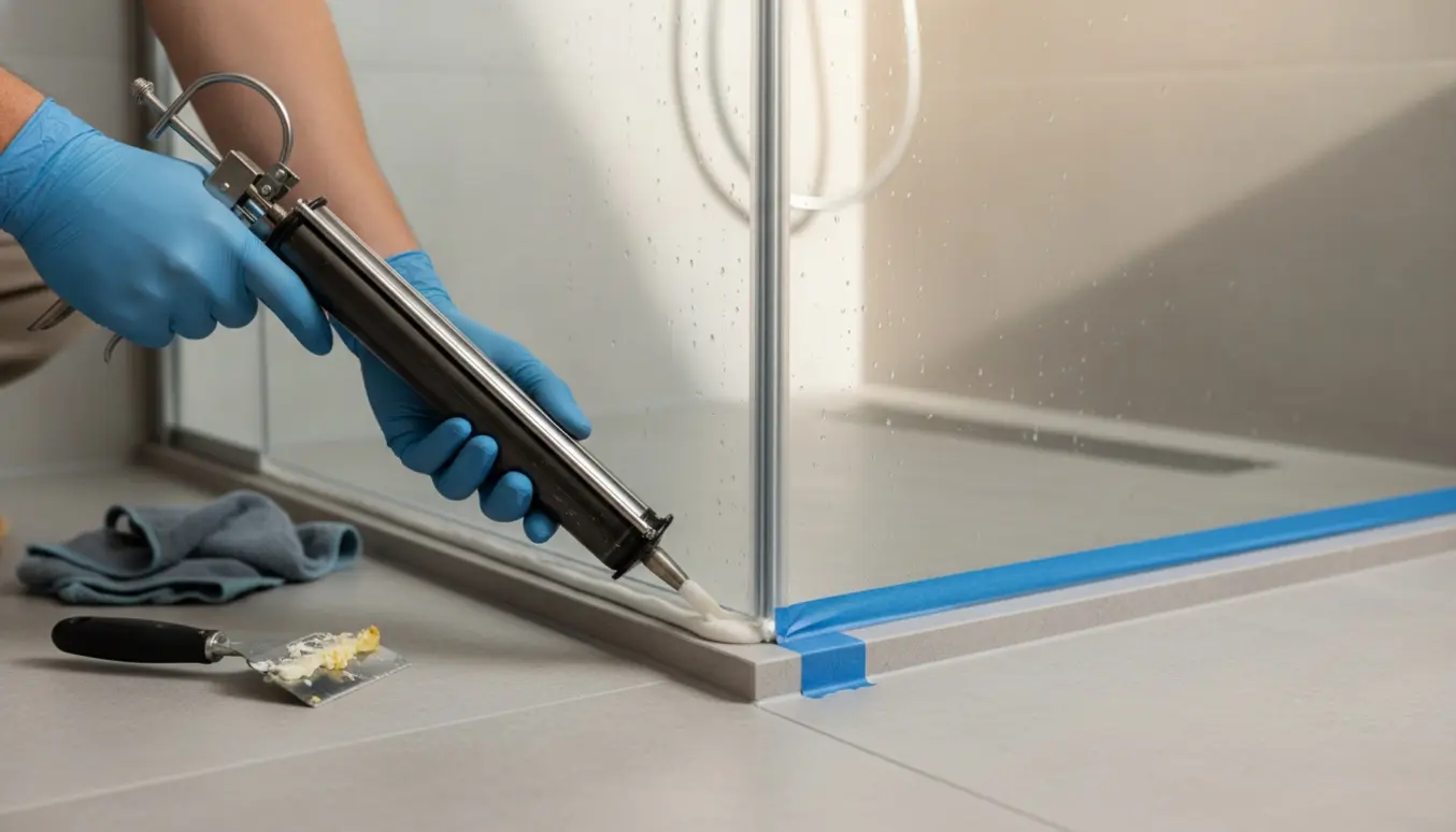 Nærbillede af hænder, der påfører ny silikonefuge langs bunden af en brusekabine med en fugepistol.