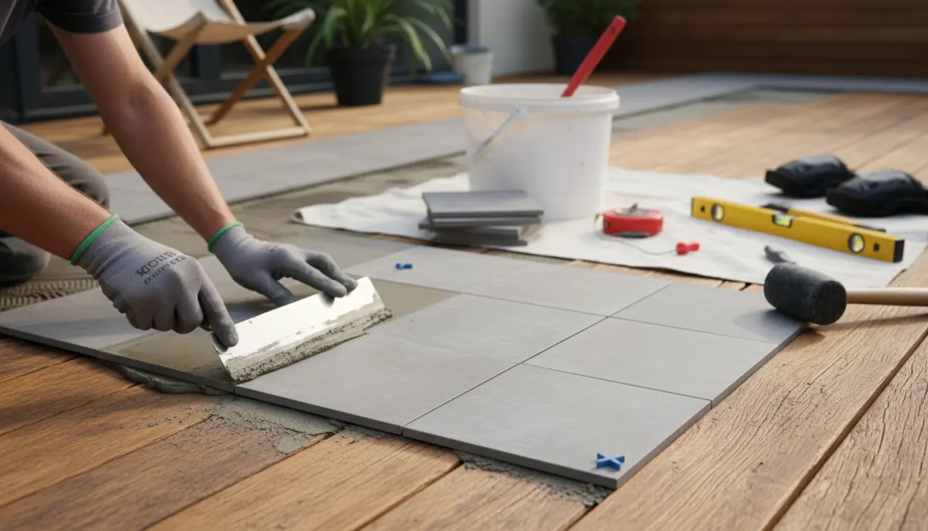 Hænder lægger 30x30 cm fliser på en træterrasse med værktøj og materialer omkring.