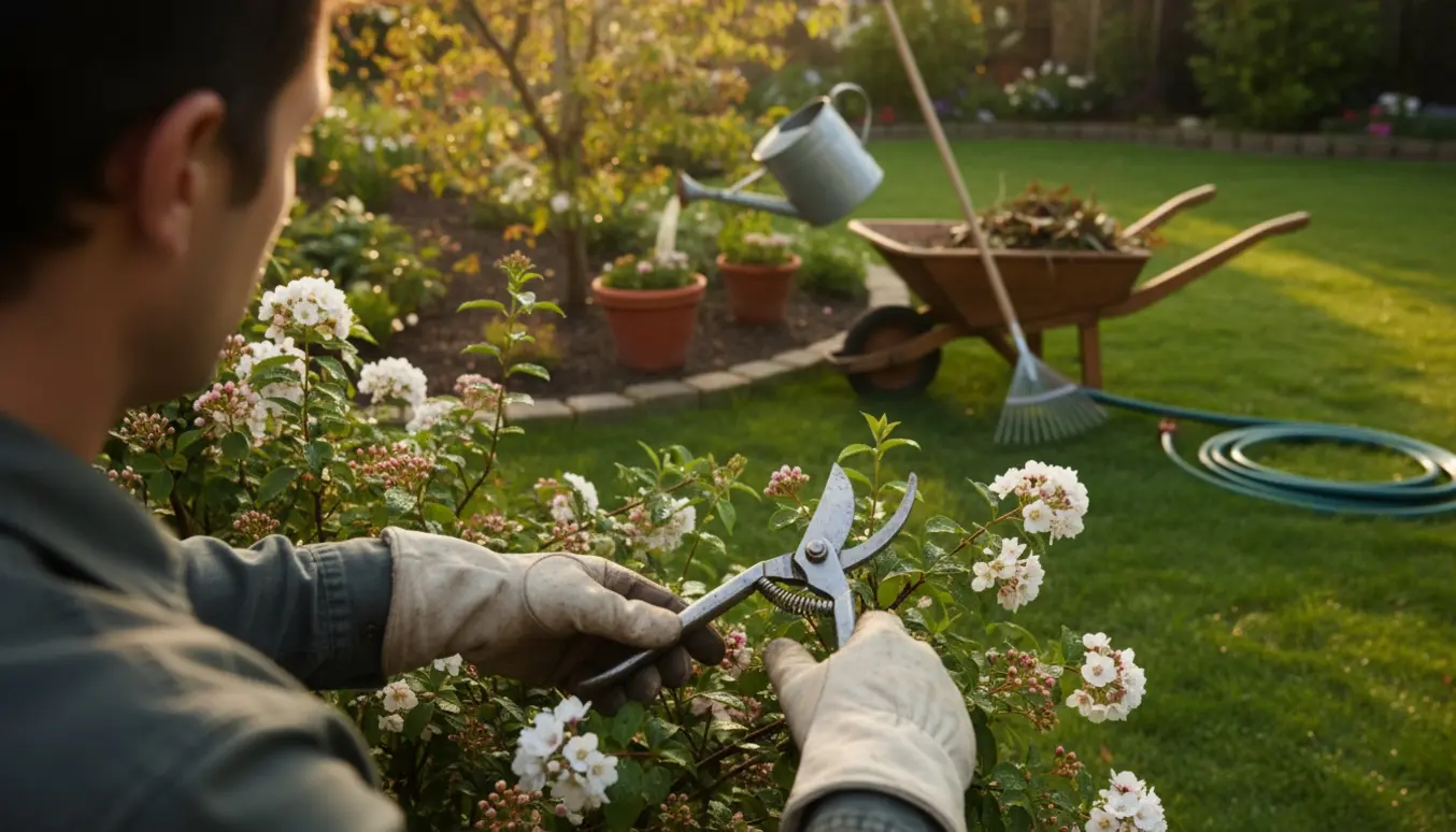 Hænder beskærer en busk i en velholdt have med vandkande og haveredskaber i baggrunden.