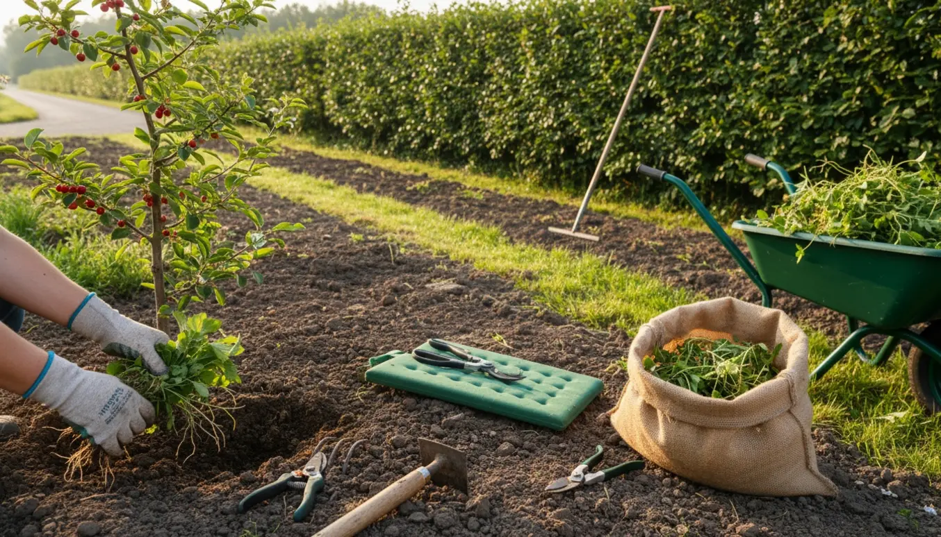 Nærbillede af lugning ved et lille bed med bærtræer og en lang hæk langs vejen med haveredskaber.