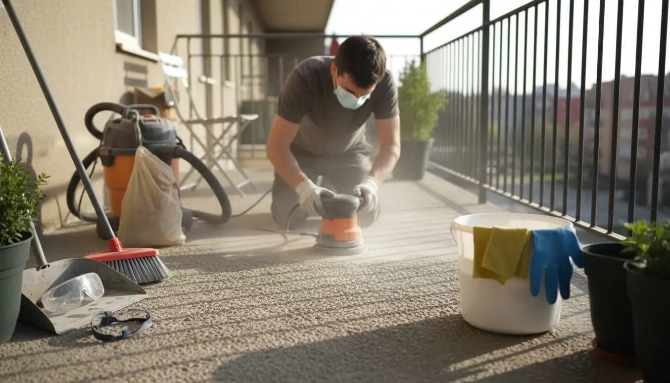 En person sliber og rengør en lille betonaltan med slibemaskine, kost og spand i naturligt dagslys.