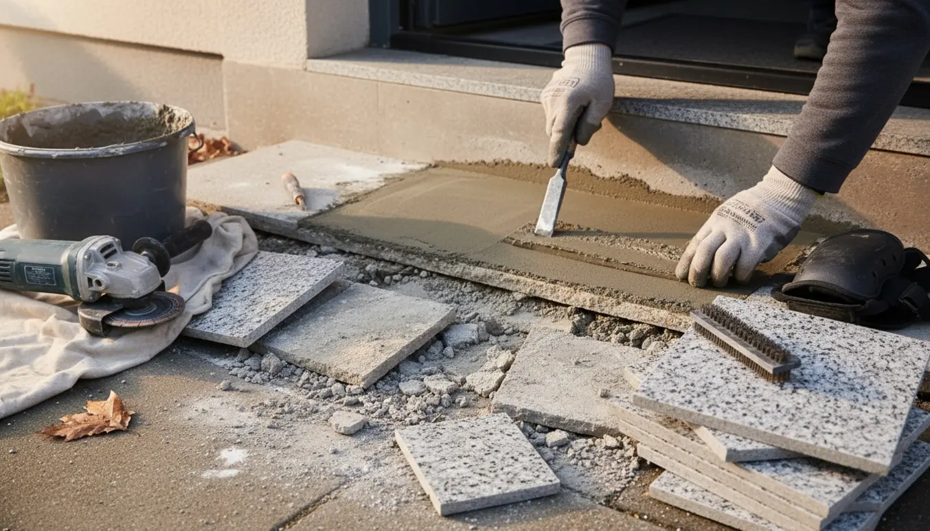 Hænder reparerer en smuldrende betontrappe med revnede klinker og forbereder montering af nye skridsikre granitfliser.