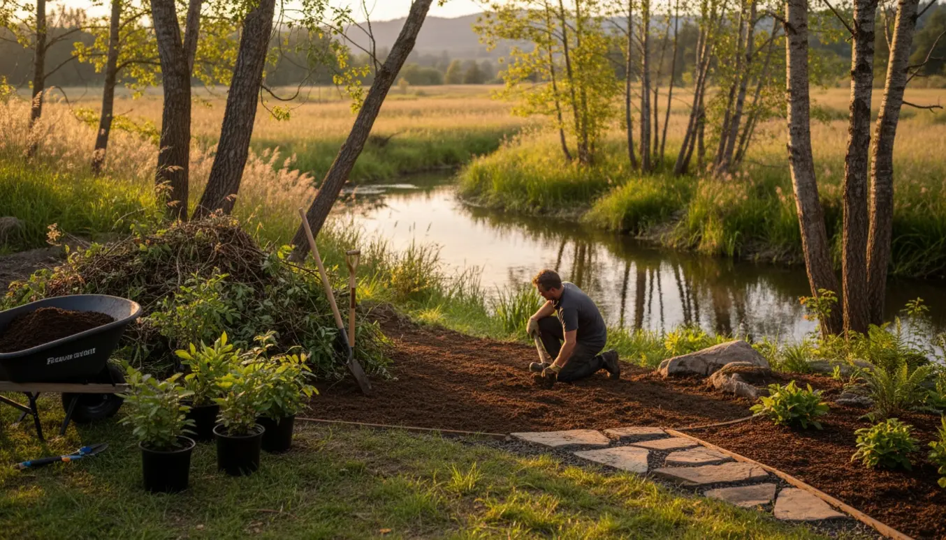 Udsigt over udvidelse af have ned til en å med ryddet jord, haveværktøj og nyplantede buske.