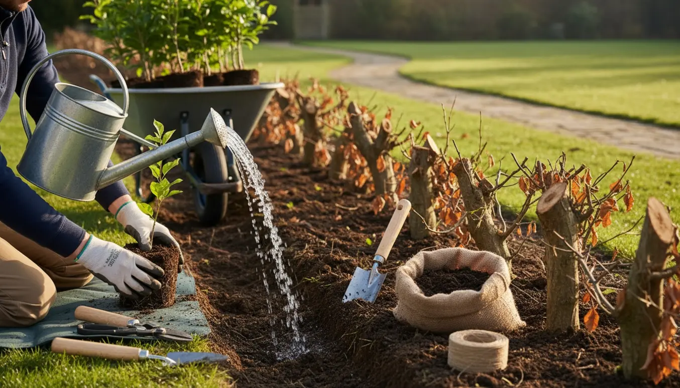 Hænder planter unge bøgebuske i en have med værktøj og tørre hækstubbe i baggrunden.