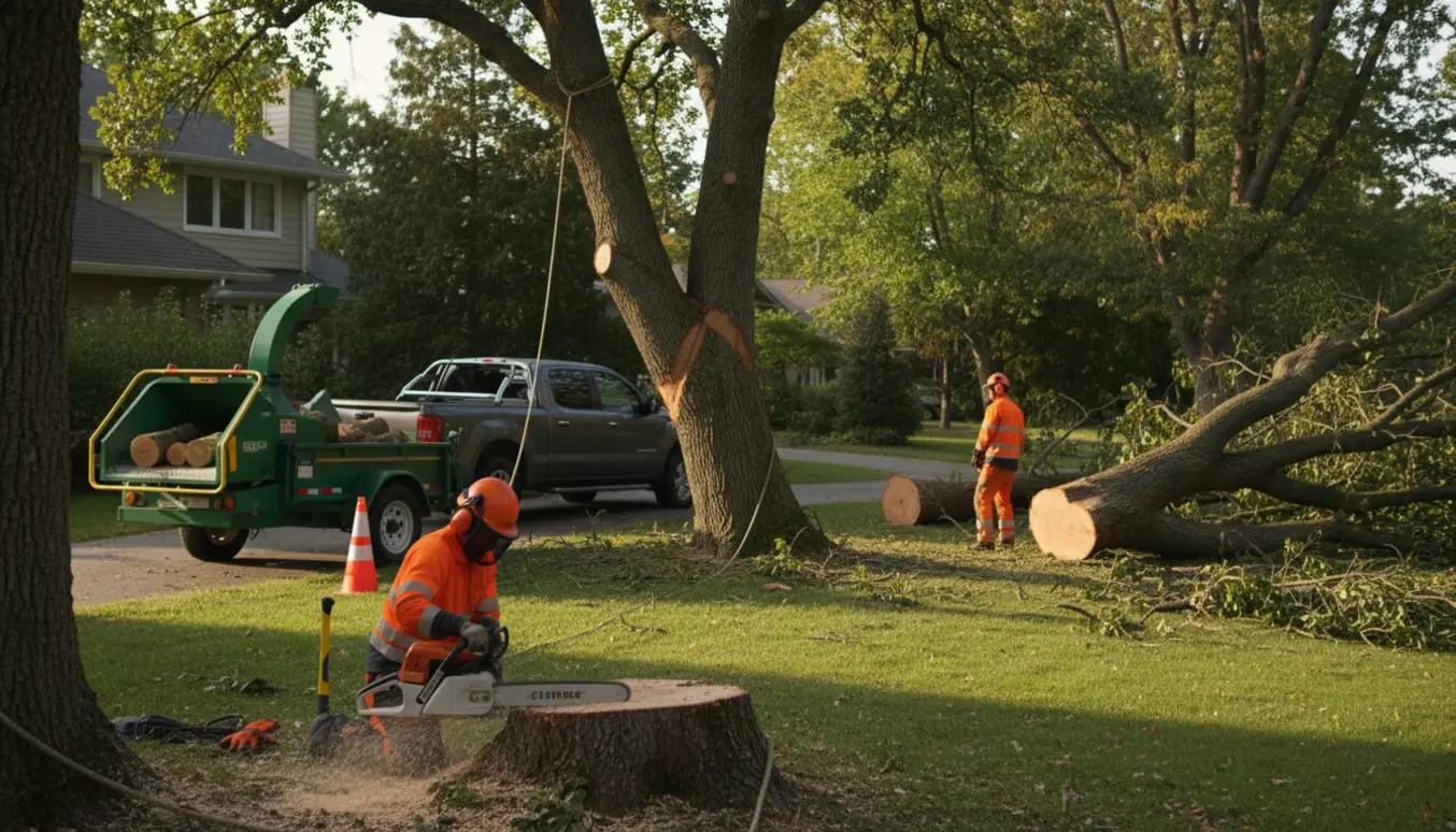 To arborister fælder og fjerner to træer i en have med motorsav, kløvning og trailer i baggrunden.