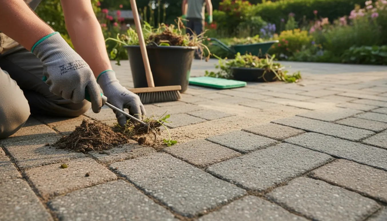 Hænder fjerner ukrudt mellem terrassefliser med værktøj og en delvist renset flisegang i baggrunden.