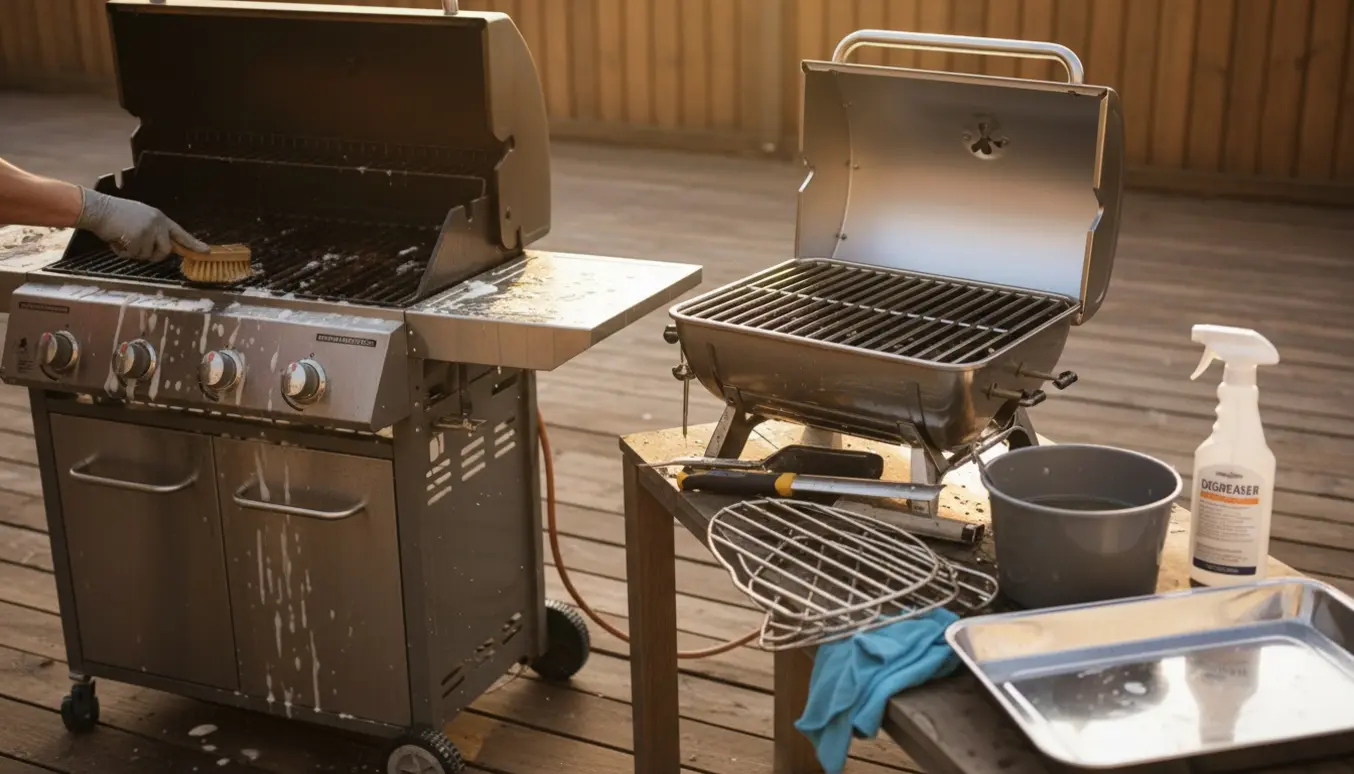 To gasgrill på en træterrasse, den ene under rengøring med handsker, børste og klude.