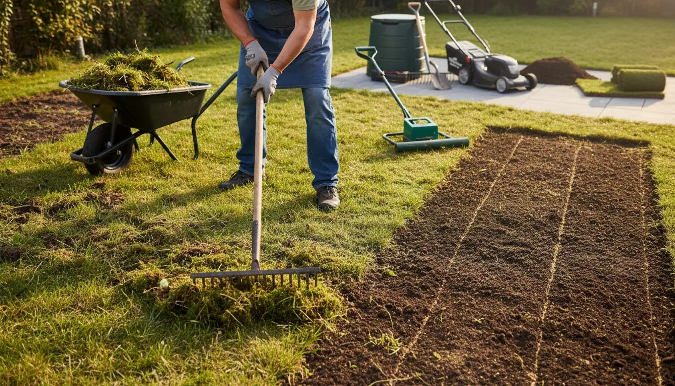 En person set bagfra luger ukrudt og jævner en ujævn græsplæne med rive og trillebør i en solrig have.