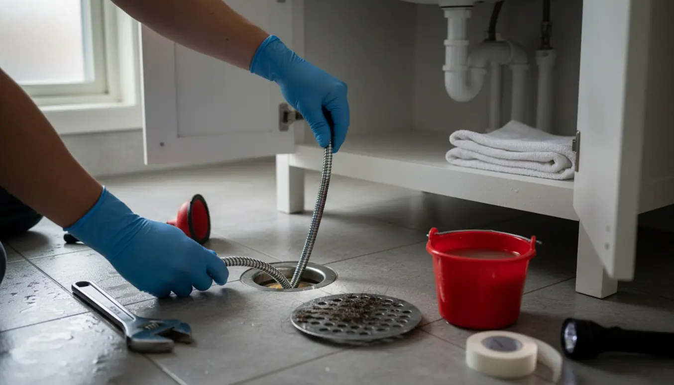 Handskenklædte hænder fører en rensespiral ned i et tilstoppet gulvafløb ved et åbent underskab med værktøj og spand på fliserne.