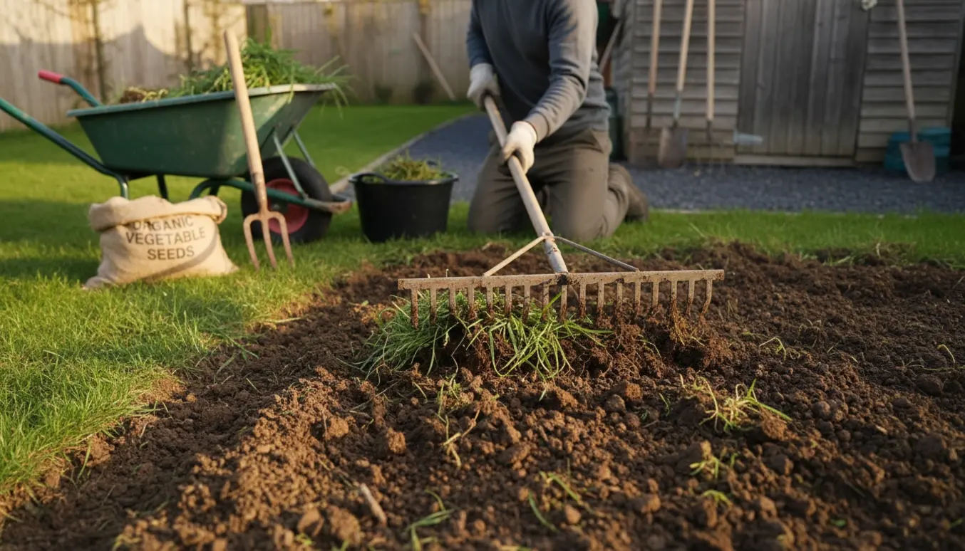 En havehjælper river ny freset jord fri for ukrudt og græstotter i en lille baghave.