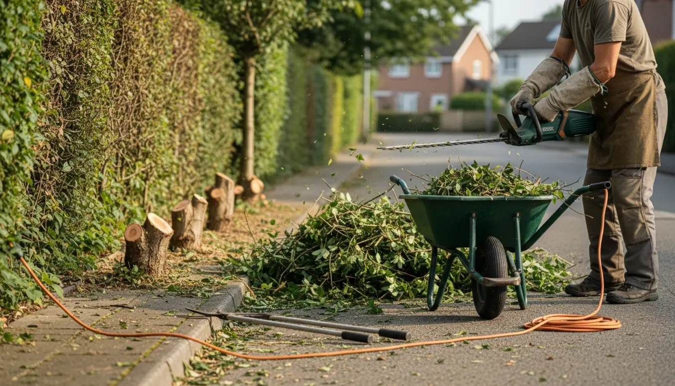 Overgroede hække og små træer langs vejen bliver klippet ned med hækkeklipper og grensakse.