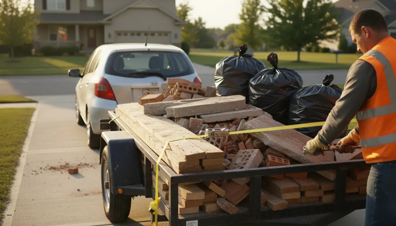 Bil med trailer læsset med byggeaffald (murbrokker, træ og sorte sække) på en indkørsel i varmt eftermiddagslys.