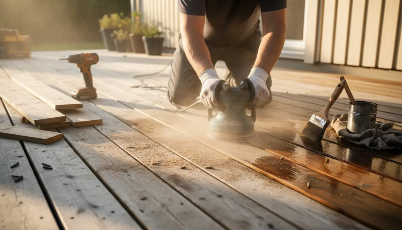 Nærbillede af reparation af træterrasse med udskiftede brædder, slibemaskine og frisk olieret sektion.