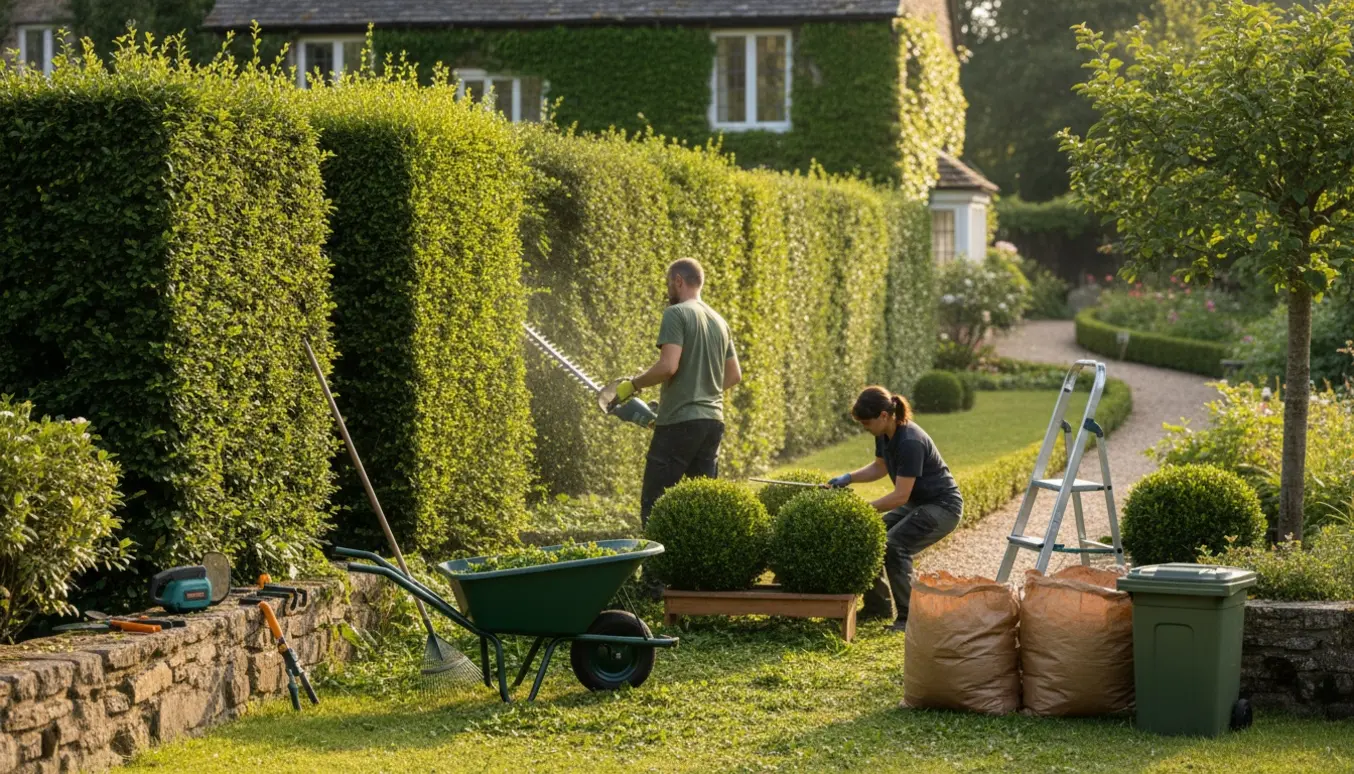 Professionel hækklipning af ligusterhæk med formning af tre buskbom og trillebør fyldt med afklip.