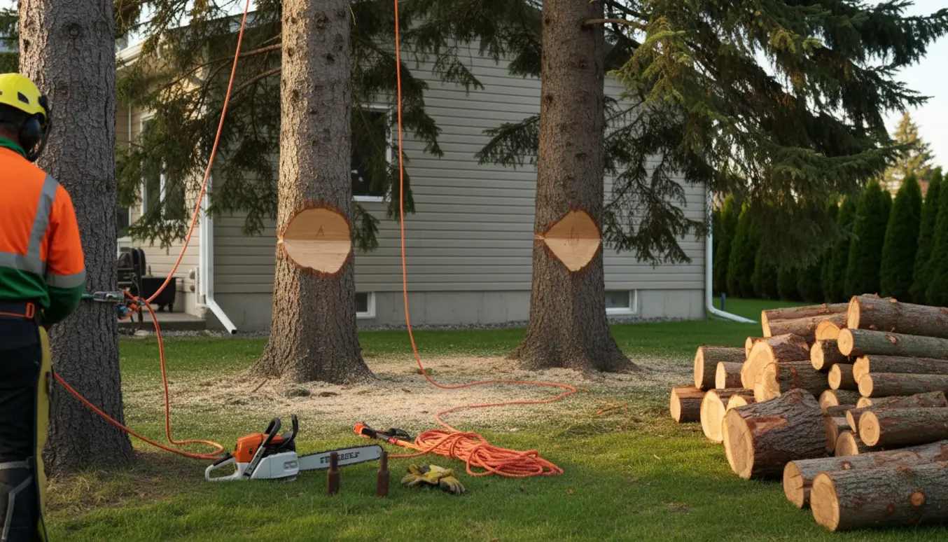 To grantræer fældes tæt ved et hus med kædesav, reb og bunker af nysavede træstykker klar til kløvning.