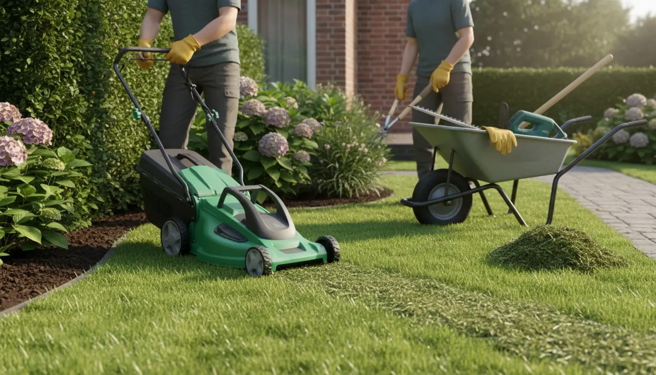 Forhave ved et rækkehus med nyslået græs, hækkeklipper og hænder, der trimmer hæk og fjerner ukrudt.