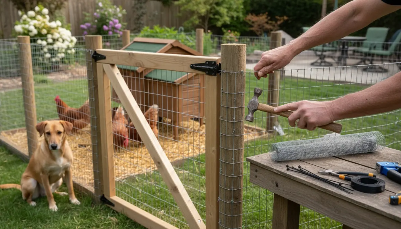 Hænder monterer galvaniseret net på en hønsegård med høns indenfor og en hund udenfor hegnet.