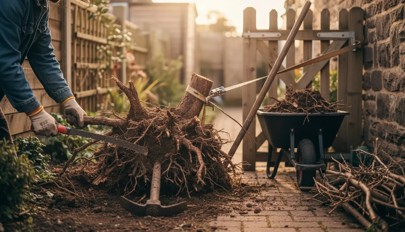 Nærbillede af fjernelse af buskrod i en snæver havegang med spade, hakke og håndværkerhænder uden synlige ansigter.
