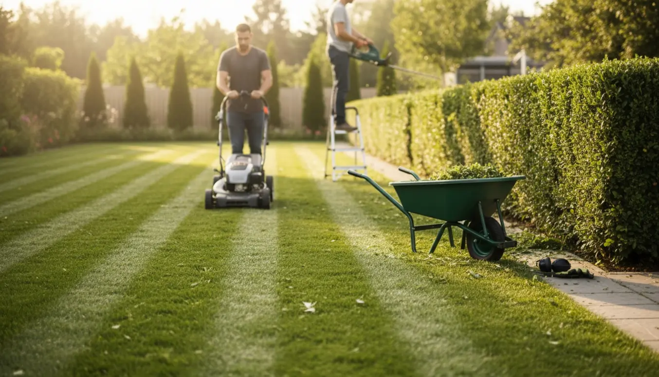 Soloplyst have med nyklippet græs og en nytrimmet hæk, haveredskaber i brug uden tydelige ansigter.