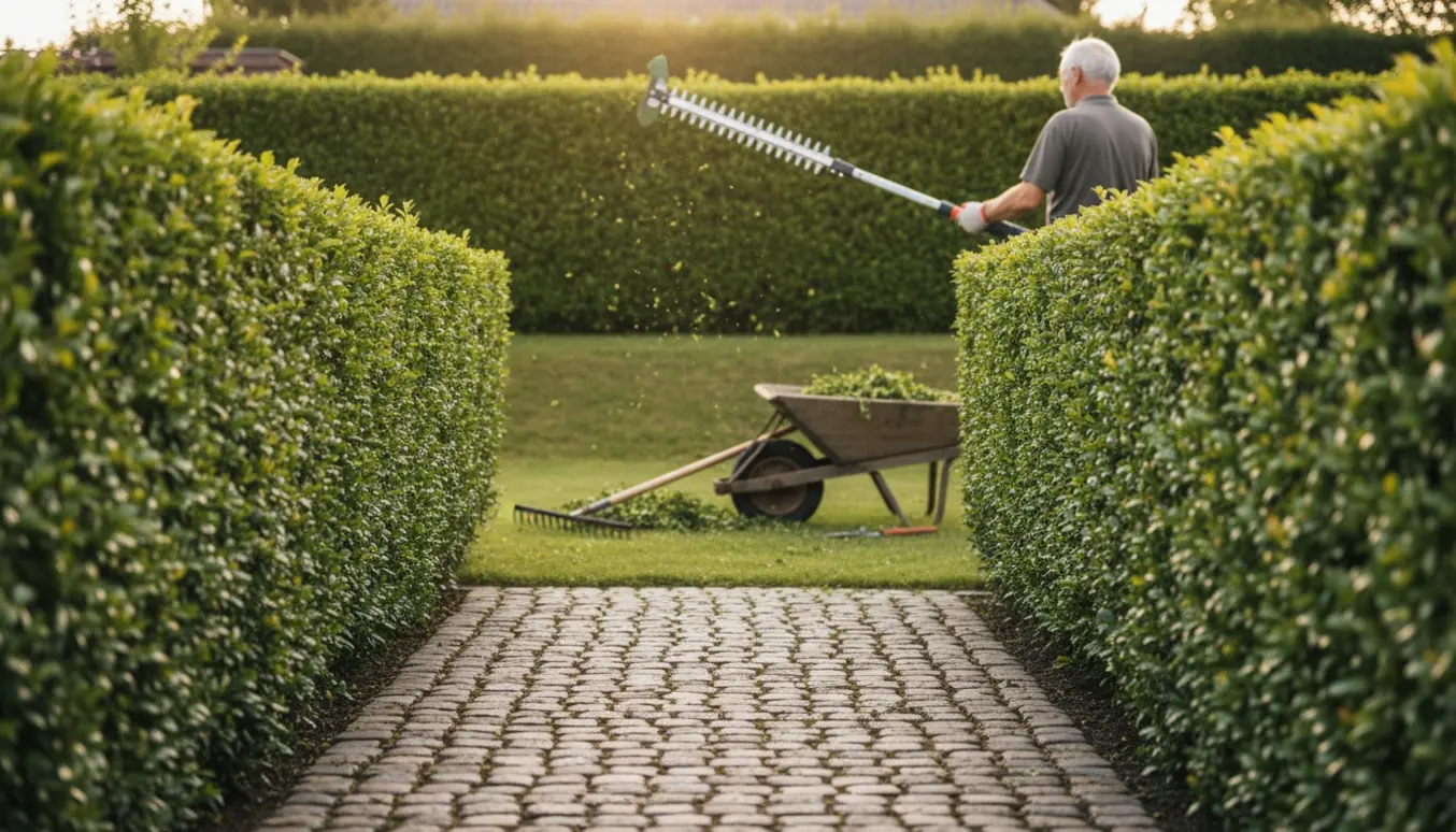 Bagfra set person trimmer en ligusterhæk med teleskopklipper i for- og baghaven i Viby, med friske afklip samlet i en skovl.