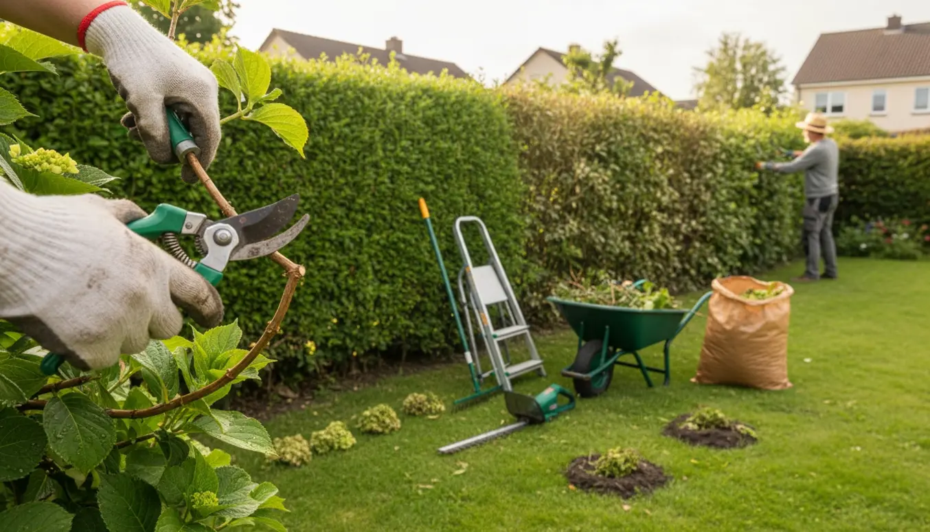 Glove-beklædte hænder beskærer en busk ved siden af en nyslået hæk med værktøj og opsamlede afklip i en have.