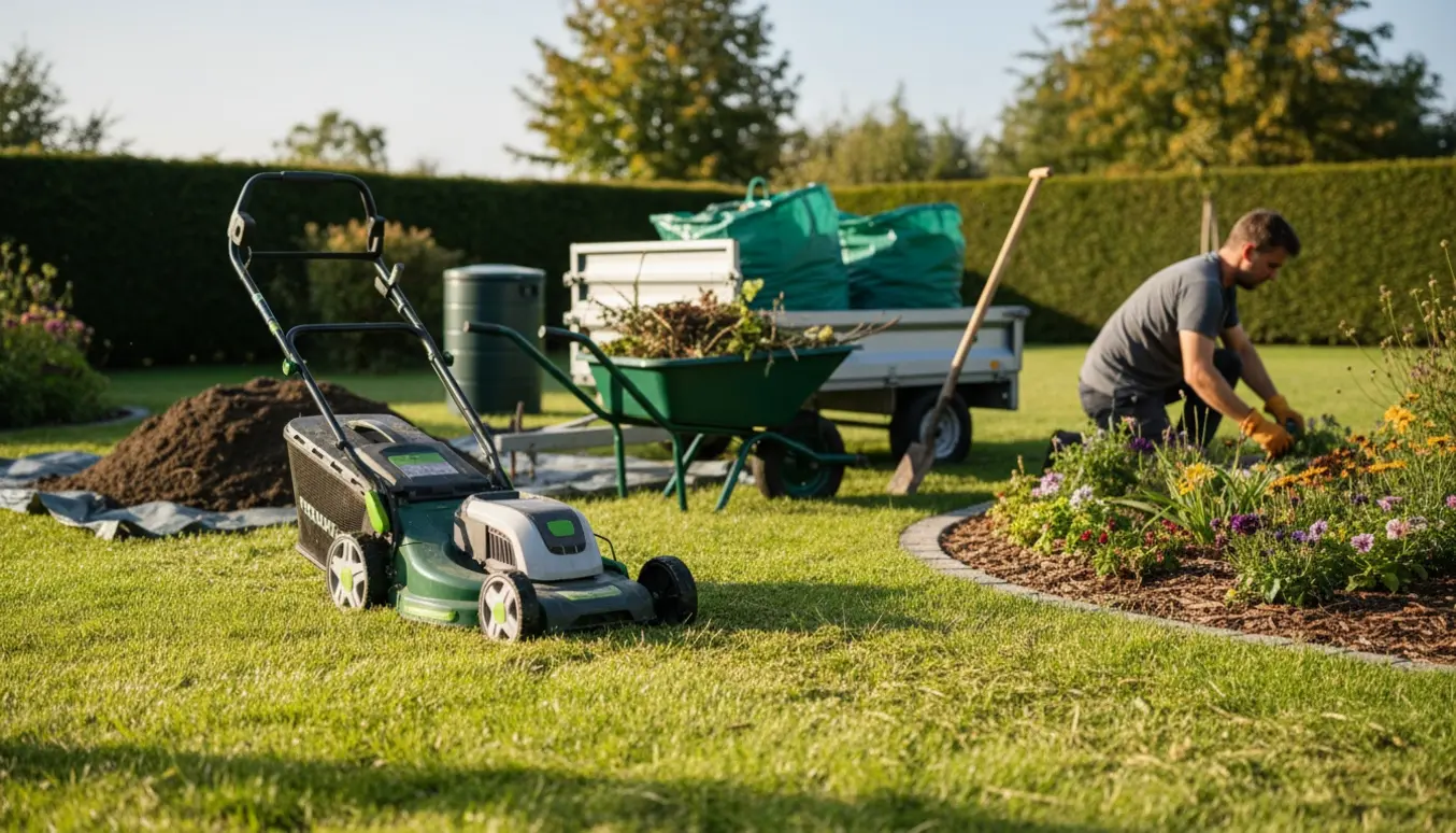 Haveoprydning med græsslåmaskine, trillebør fyldt med haveaffald og en bunke jord klar til fjernelse.
