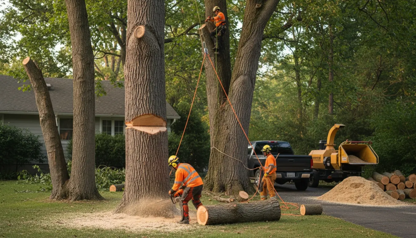 Arborister fælder to store og tre mindre træer på en villagrund med motorsave, stammer og træflis.