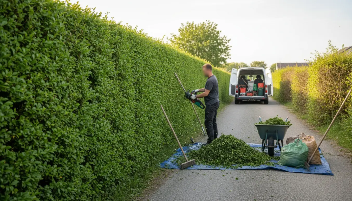 En lang ligusterhæk omkring 2 m høj bliver professionelt klippet, og afklip samles på en presenning og i en trillebør på en stille villavej i Skæring.