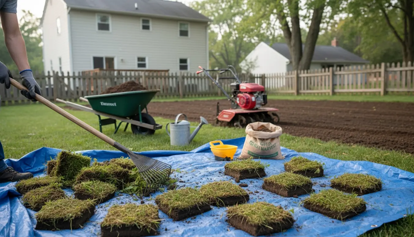 Lugning og fræsning af en gammel græsplæne med værktøj og nysået jord klar til såning.