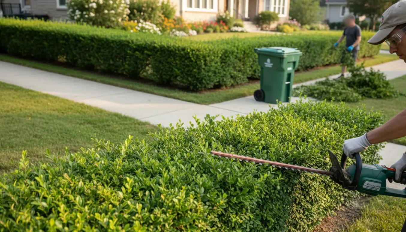 Ligusterhæk på en hjørnegrund bliver klippet i morgensol, med afklip i en affaldscontainer og en bunke ved siden af.