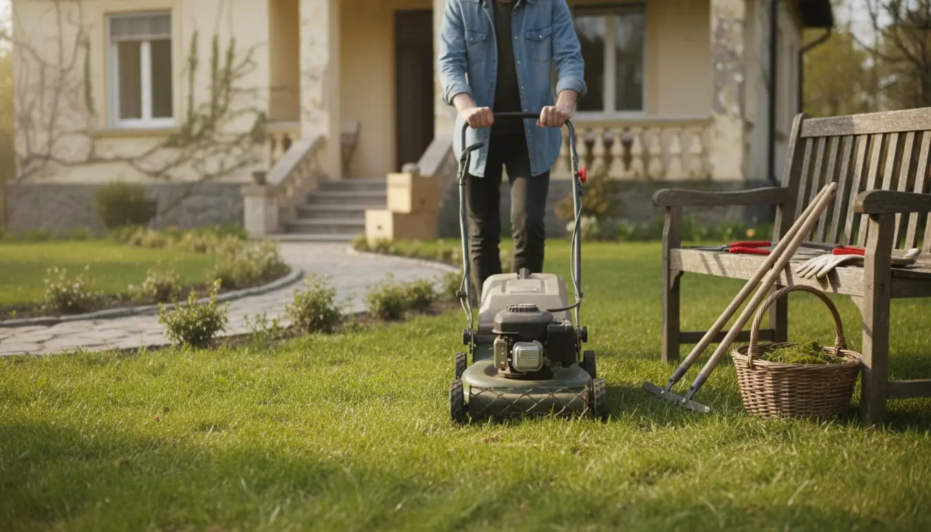 Manuel plæneklipper og beskærerværktøj foran en 50 år gammel villa på en lille forårsplæne.