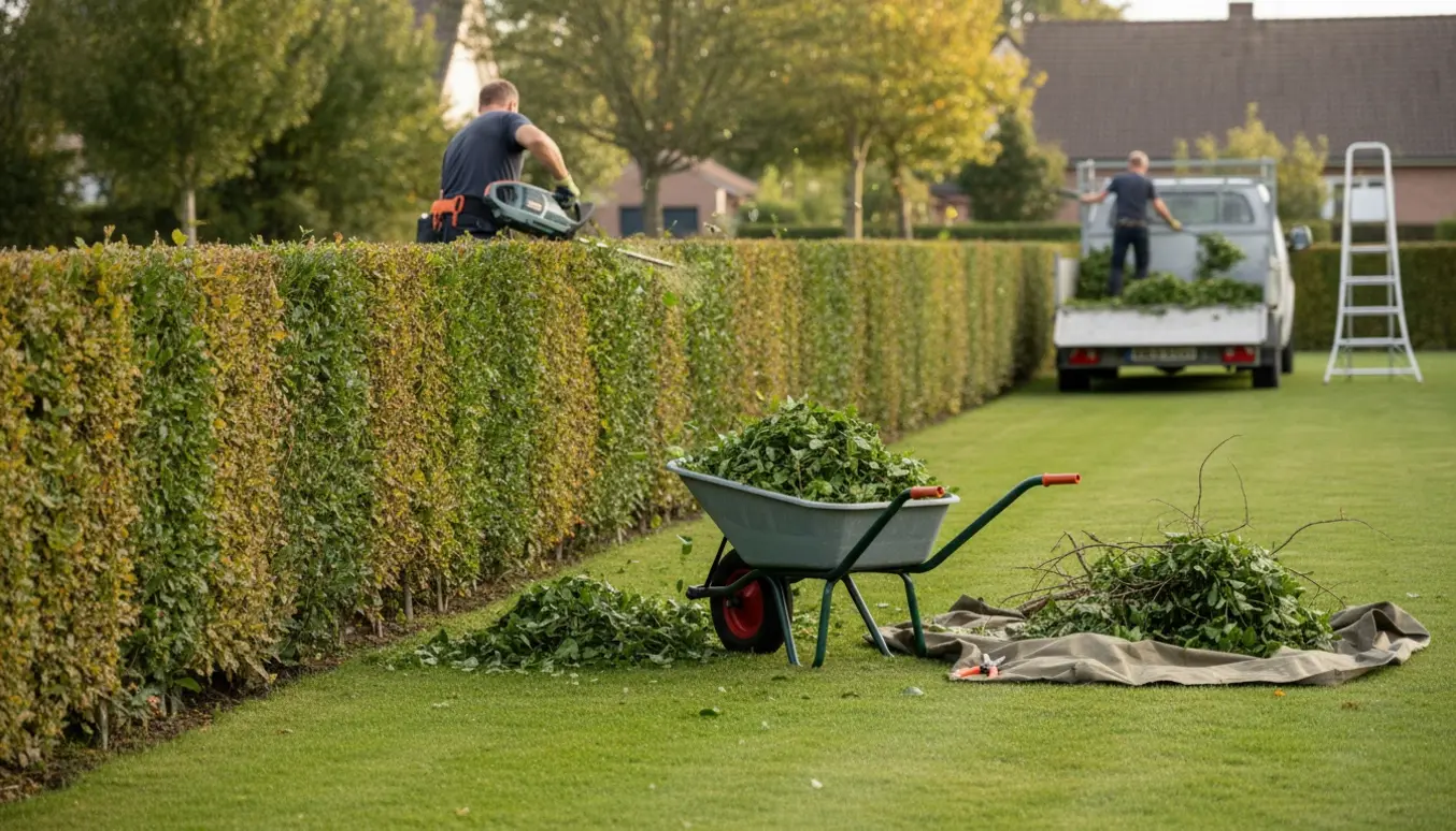En person trimmer en lang bøgehæk med hækkeklipper, mens afklip samles i en trillebør og læsses i en trailer til bortkørsel.