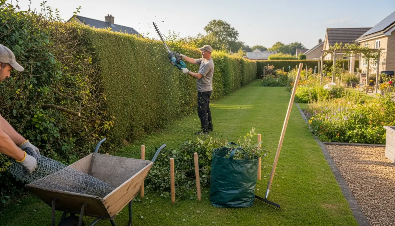 En gartner klipper en lang blandet hæk og skærer græskanter, mens et midlertidigt hundehegn ligger rullet ved siden af.