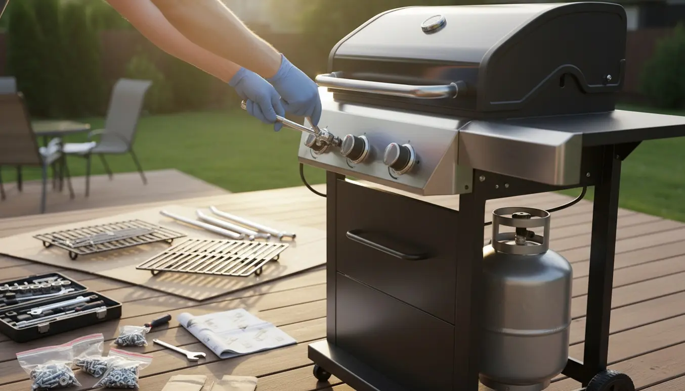 Delvist samlet gasgrill på træterrasse med værktøj og hænder, der strammer bolte.
