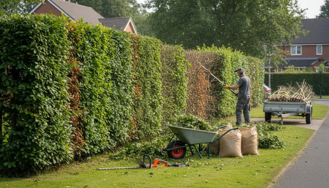 En fagperson trimmer en bøge- og laurbærhæk med trimmer og trillebør fuld af afklip klar til bortkørsel.