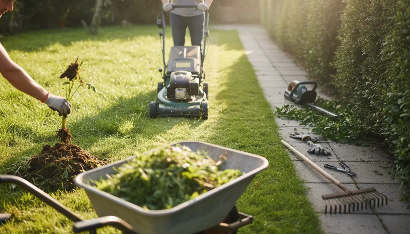 Højt græs slås med plæneklipper, hæk klippes og ukrudt samles i en trillebør i en solrig have.