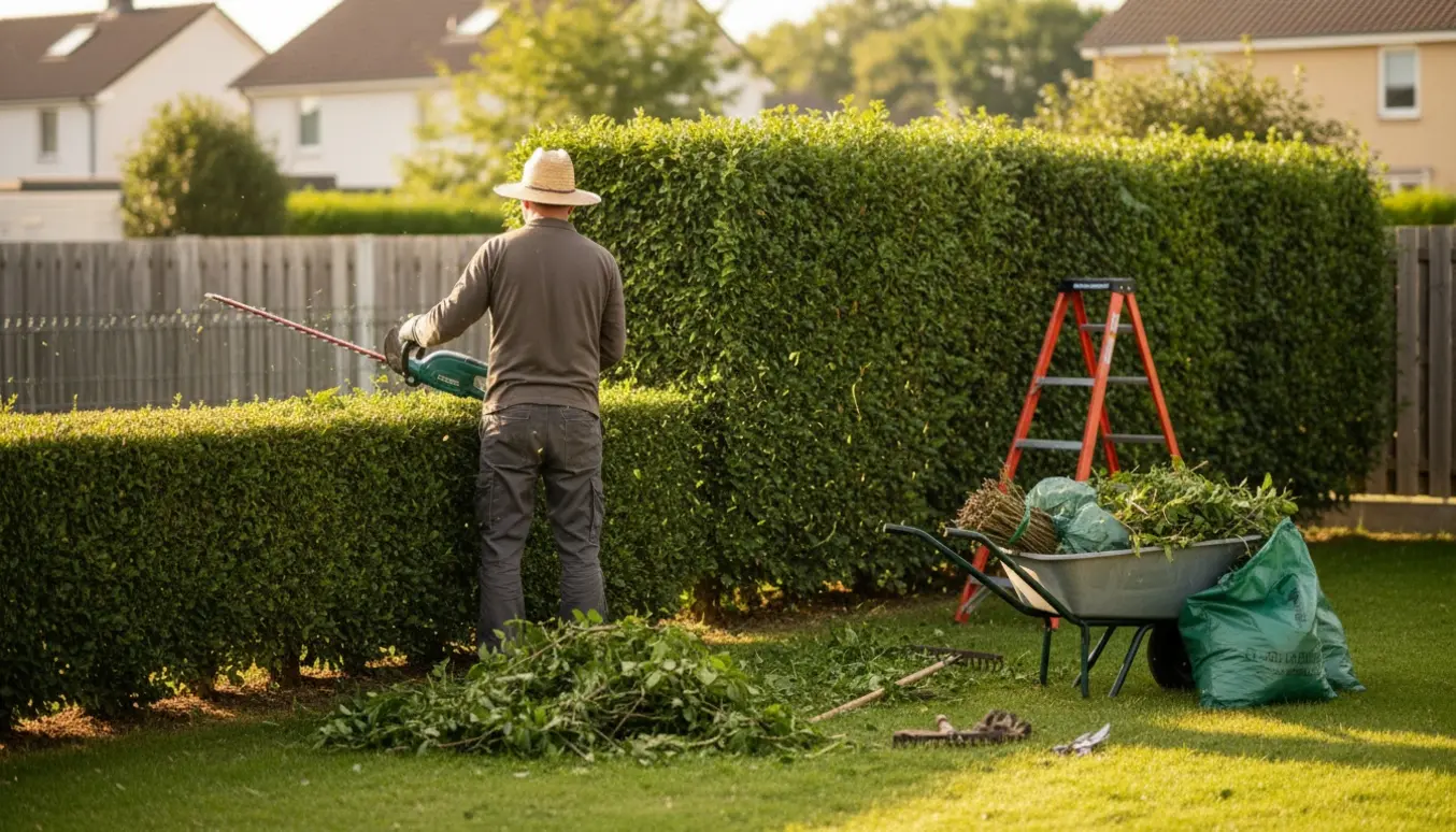 Person trimmer en lang hæk mellem to haver, med klippeaffald i skubvogn og poser klar til bortskaffelse.