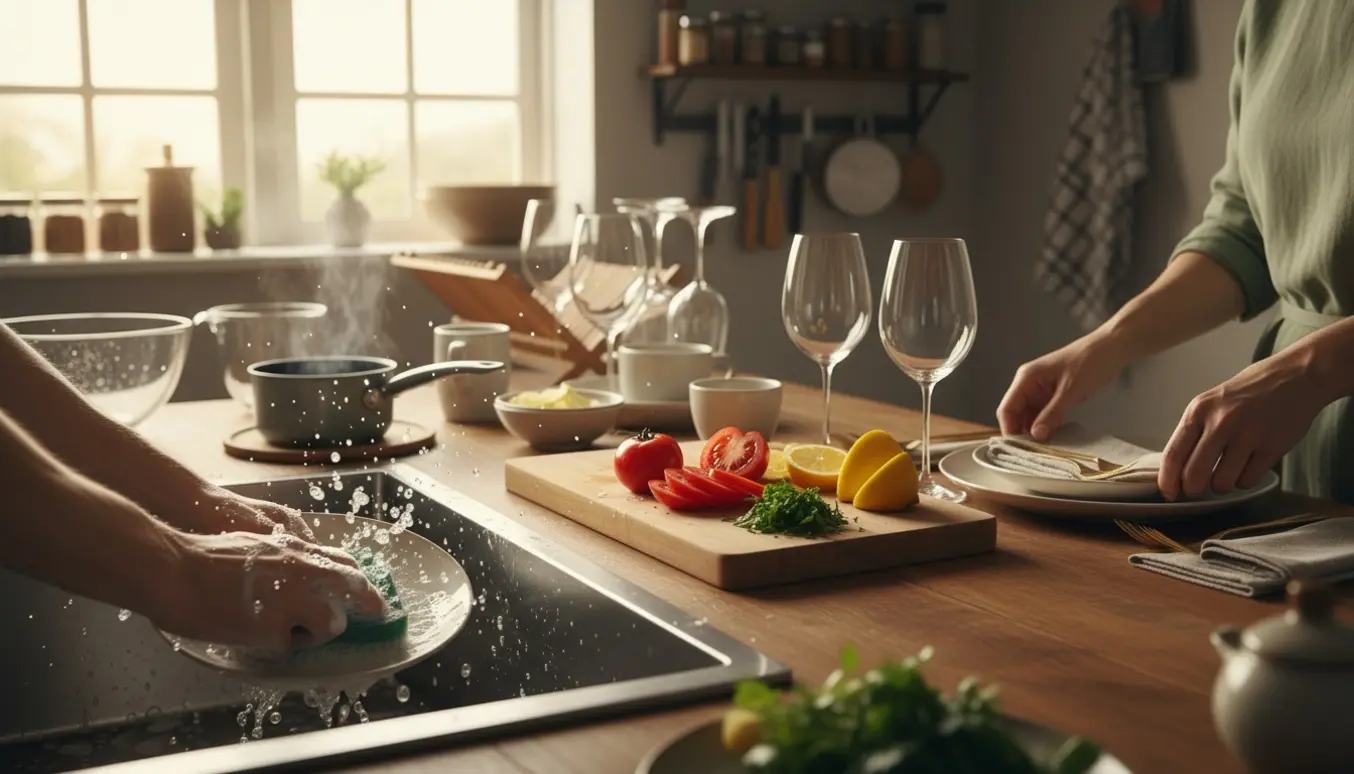 Hænder vasker service og dækker et køkkenbord i varmt aftenslys.