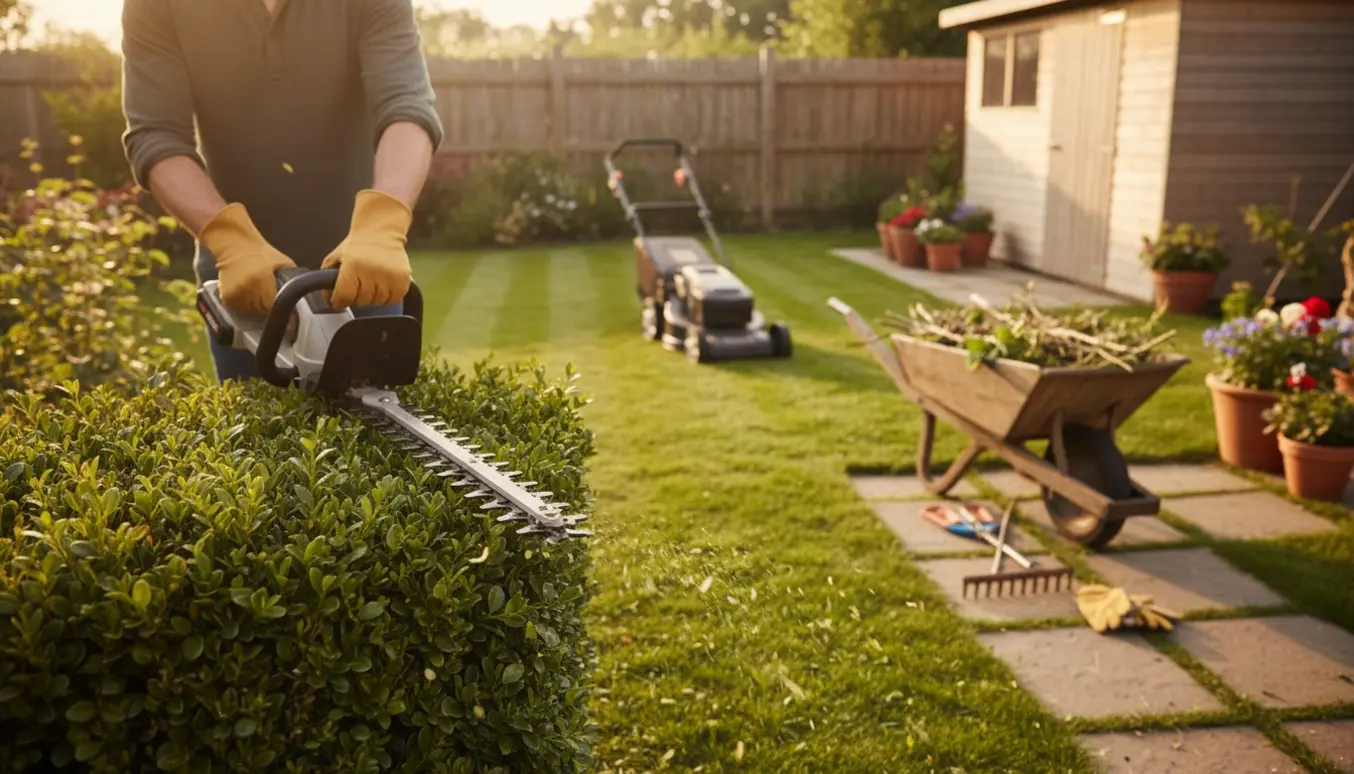 Nyklippet hæk og nyligt slået græs i en solvarm have med hækkeklipper og plæneklipper i brug.