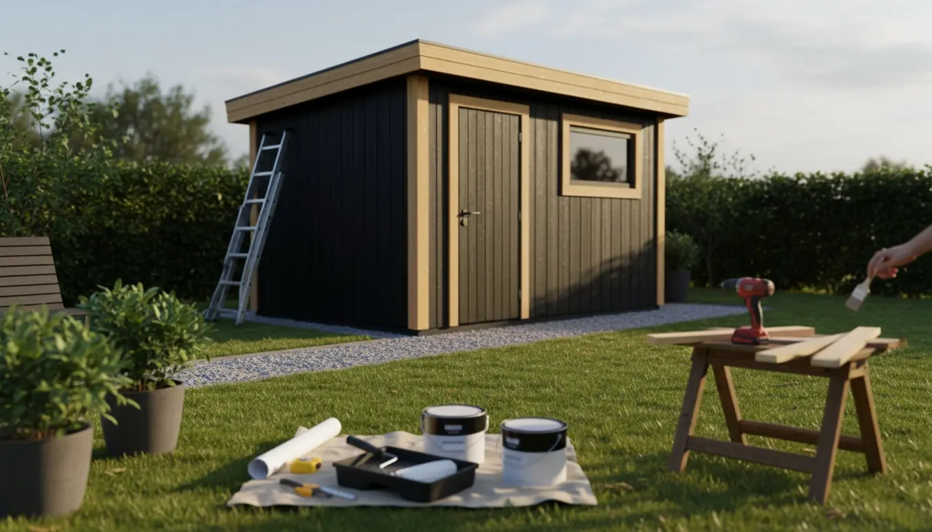 Sort træhus i haven med malergrej og stige foran, klar til maling.