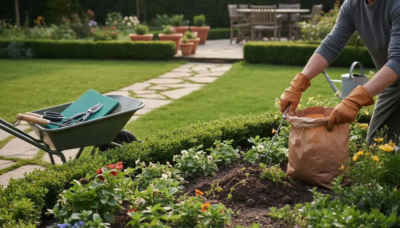 En havemand fjerner ukrudt i en velplejet baghave med haveredskaber og en fyldt affaldssæk.