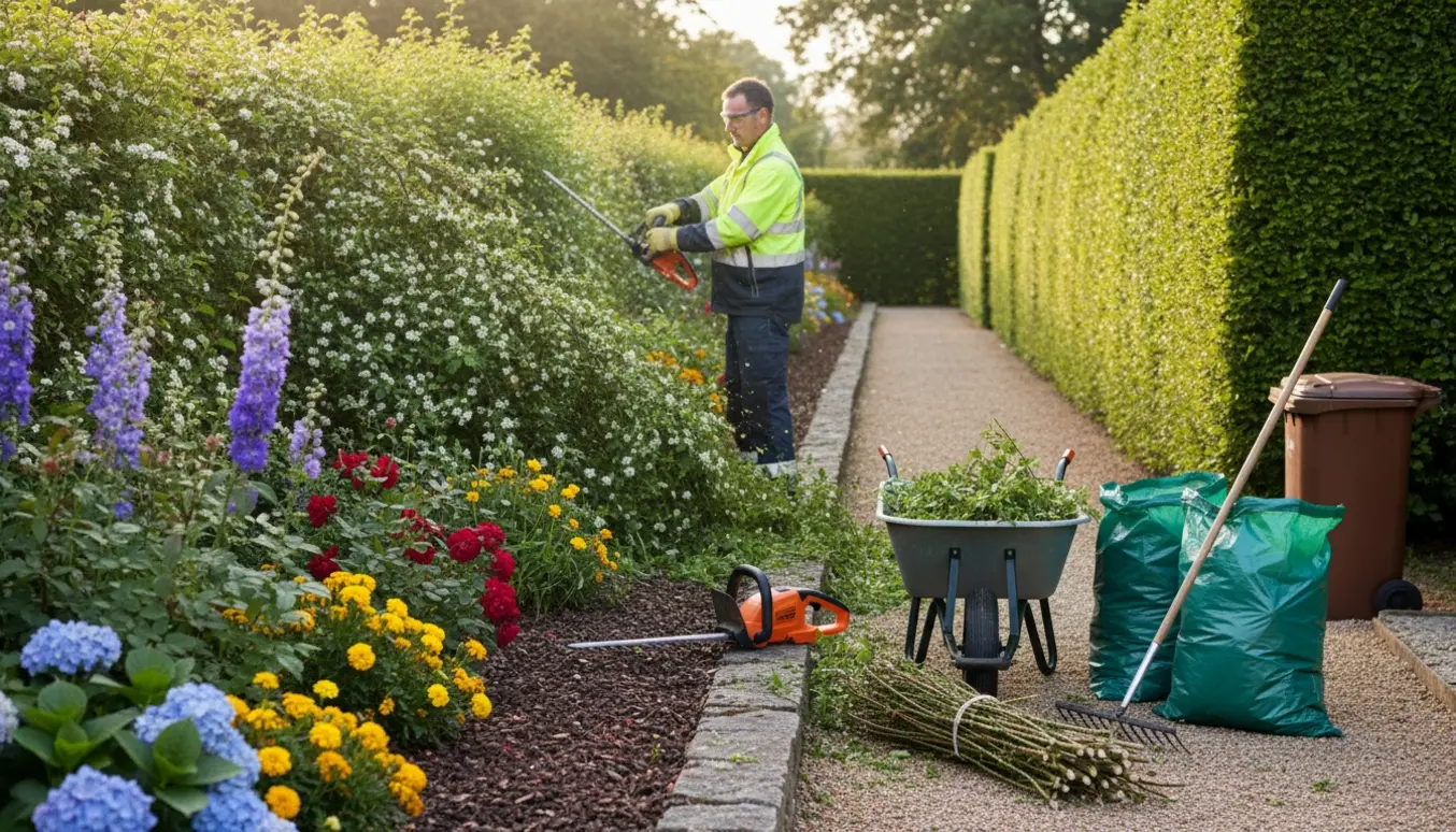 Person trimmer liguster- og tjørnehæk med elektrisk hækkeklipper, mens grene samles i trillebør og affaldsposer ved siden af et blomsterbed.