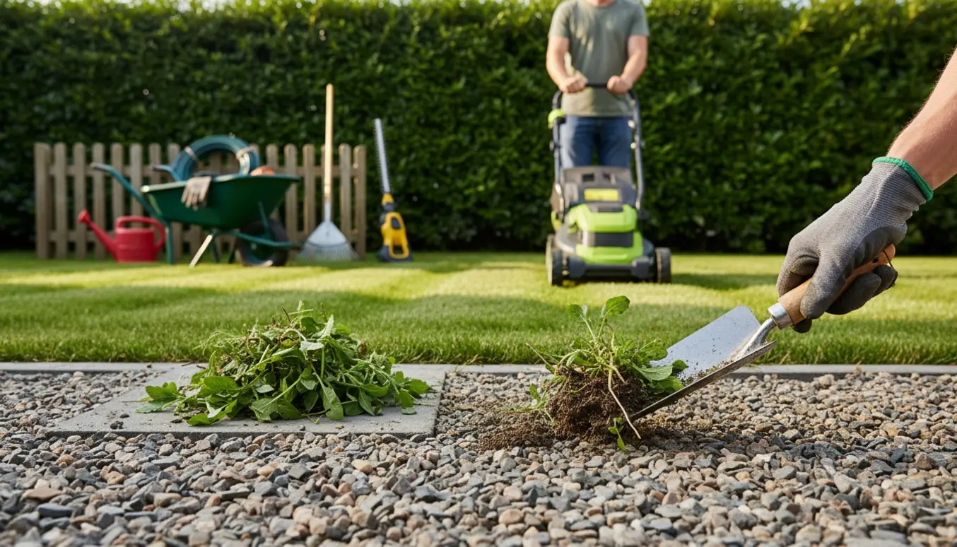 Lugning mellem små sten i indkørslen med nyklippet hæk og nyslået græs i baggrunden.
